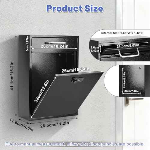 KYODOLED Steel Combination Lock Mail Boxes Outdoor, Locking Wall Mount Mailbox, Security Lock Drop Box, Collection Boxes, 16.2H x 11.2L x 4.6W Inches, Black X Large