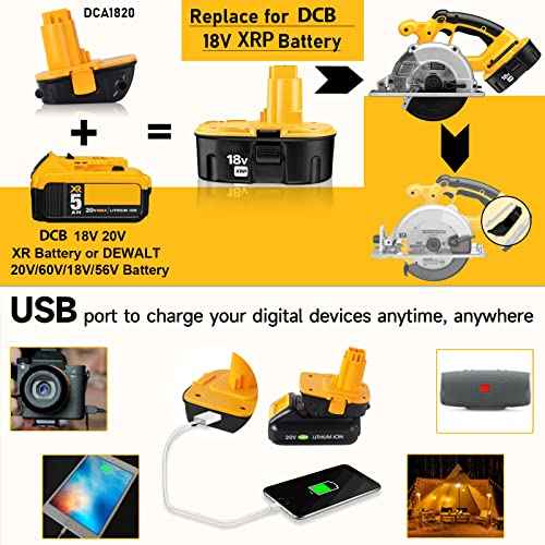 ¡¼Fast USB | Replace for Dewalt 20V to 18V Battery Adapter¡½ Converter DCA1820 for Dewalt 18V Tools Convert Dewalt 20V Battery DCB203 DCB206 to Dewalt 18V XRP NiCd NiMh Battery DC9098 DC9096 for Phone