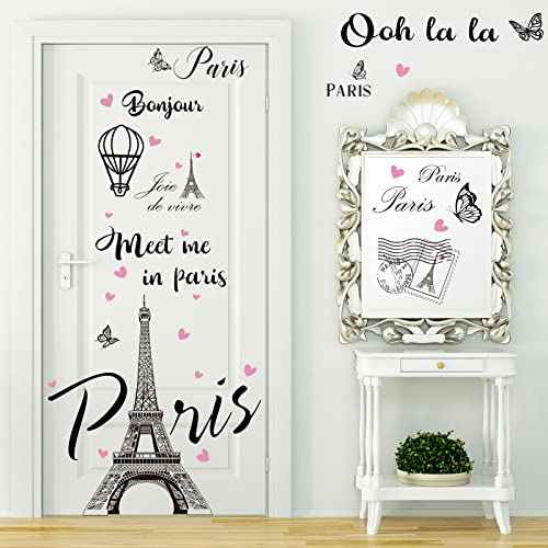 2 Sheets Paris Tower Wall Stickers Decor Paris Eiffel Tower Peel and Stick Wall Decal Large Black Removable Balloon Stickers for Bedroom Living Room Sofa Backdrop Romance Decoration