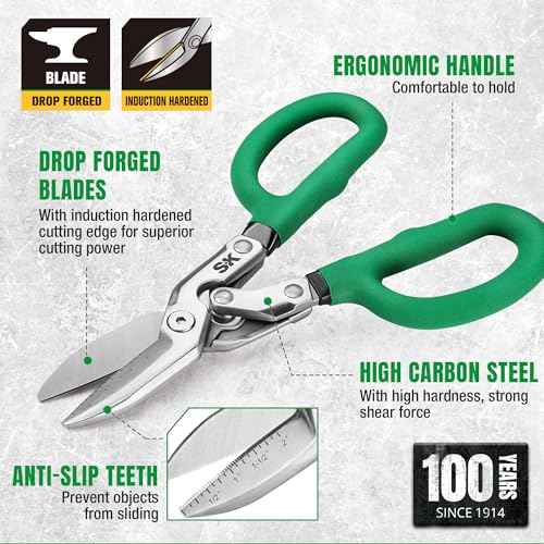 SK 10" Compound Action Tin Snips, Metal Shears with Forged Blade, Heavy Duty Metal Cutter Scissors, Ergonomic Handle for Comfortable Grip
