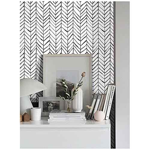 HAOKHOME Black and White Wallpaper Peel and Stick Stripe Herringbone Geometric Textured Self Adhesive Contact Paper Removable for Bathroom 17.7in x 9.8ft
