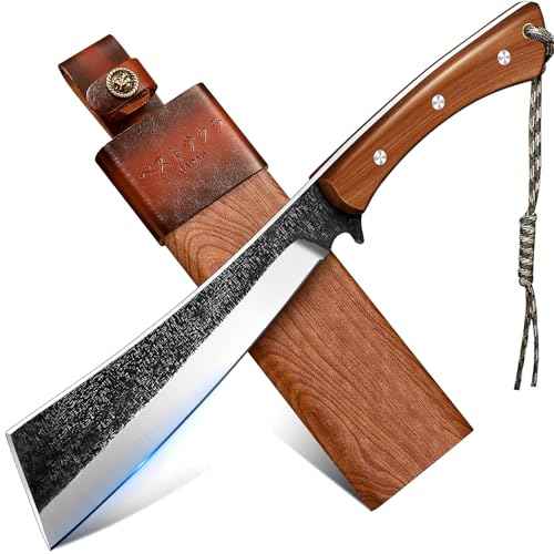 Freelander Japanese Style High Carbon Steel Machete with Red Sandalwood Ergonomic Full Tang Handle and Wood-Leather Sheath ? Heavy-Duty Outdoor Tool for Camping, Hiking, Yard Work, and Survival