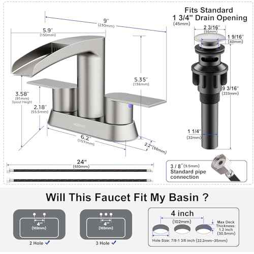 Bathroom Sink Faucet for 3 Hole, Hurran 4 Inch Bathroom Faucets with Pop-up Drain, Stainless Steel 2-Handle Waterfall Faucet for Sink, Brushed Nickel