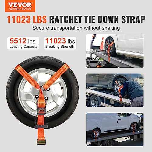 VEVOR Car Tie Down Straps Kit, Lasso Style 2" x 120" Tire Straps, 5512 LBS Working Load, 11023 LBS Breaking Strength, with Flat Hooks for Passenger Car, ATV, Motorcycle, Van, SUV, UTV, Trailer, 4-Pack