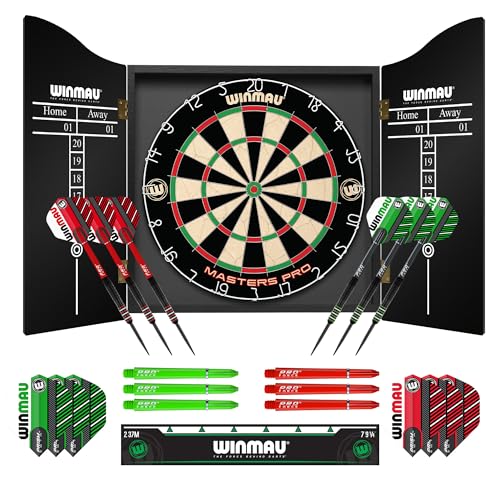Winmau Darts - Masters Pro Premium Bristle Dartboard Set - Includes Dart Board, Darts, Flights, Shafts and Oche Strip - Professional Steel Tip Darts & Dart Board for Adults