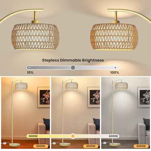 Arc Floor Lamp for Living Room,Farmhouse Floor Lamps with Remote Control & Dimmable Bulb,Gold Boho Rattan Tall Standing Lamp for Bedroom Office
