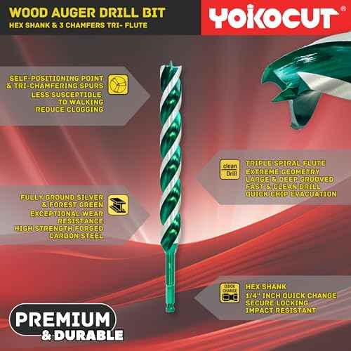 1/2"x 9" Auger Drill Bit for Wood, Hex Shank Tri-Flute Wood Drill Bits, Ship Auger Long Drill Bit for Soft and Hard Wood, Plastic, Drywall, Tree Stump and Composite Materials