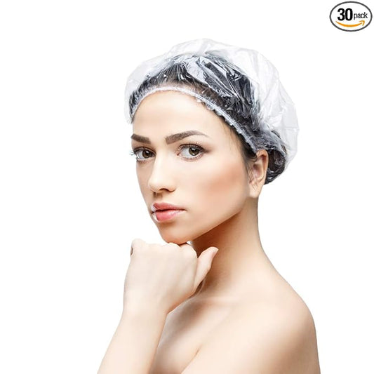30pcs Disposable Shower Caps - Multi-Purpose Thickening Elastic Bath Cap Plastic Waterproof Clear Shower Cap Bath Shower Caps Women Spa,Men Hair Caps,Home Use,Hotel and Hair Salon, Travel.(Size 52CM)