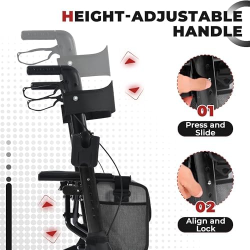 Metro Mobility Rollator Walker with Seat for Seniors, Foldable Lightweight Rolling Walker, 8" Big Wheels for All Terrain, 300 lb. Weight Capacity, Black