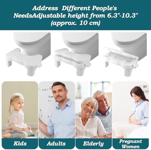 Height Adjustable Poop Stool, 6.3 in Non-Slip & Massageable Toilet Stool Squat Adult with Storage Box, Multi-Functional Portable Potty for Adults, Kids, The Elderly, Pregnant Women, Detachable