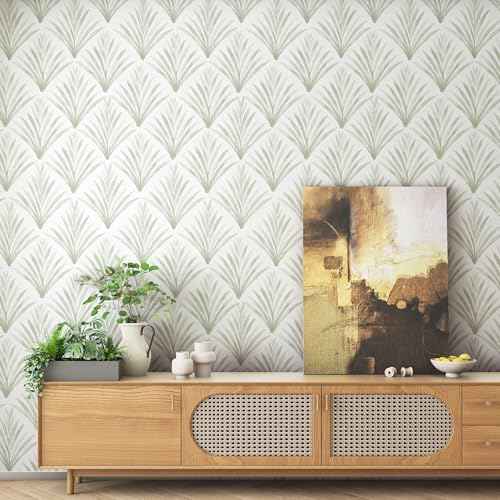 Modern Peel and Stick Wallpaper Geometric 17.3''¡¿78.8'' Leaf Wall Paper Light Green/White Wallpapers Boho Self Adhesive Removable Wallpaper Bedroom Contact Paper for Cabinets and Drawers Decor Vinyl