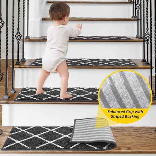 Non-Slip Stair Treads for Wooden Steps Indoor, 15 Pack 9" X 28" Edging Stair Carpet Mat with TPE Backing, 0.4" Thick Stair Runners for Kids Elders & Pets, 100% Polyester Stair Rugs, Black&White