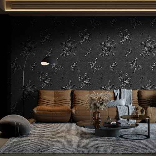Black Wallpaper Peel and Stick Contact Paper 17.3in x 118.1in Floral Embossed Removable Wallpaper Self-Adhesive Thicken Vinyl Waterproof Flower Textured Bedroom Living Room Wall Paper