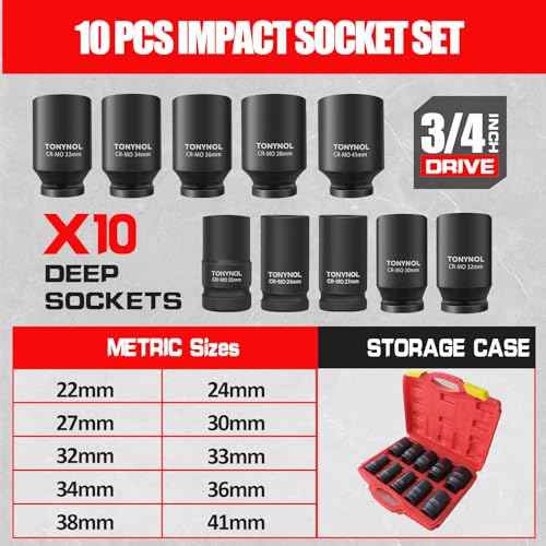 3/4 Inch Drive Deep Impact Socket Set,6-Point,Metric Size(22mm to 41mm),10 Pcs,Cr-Mo.Heavy Duty Impact Socket Set,With a Storage Case.