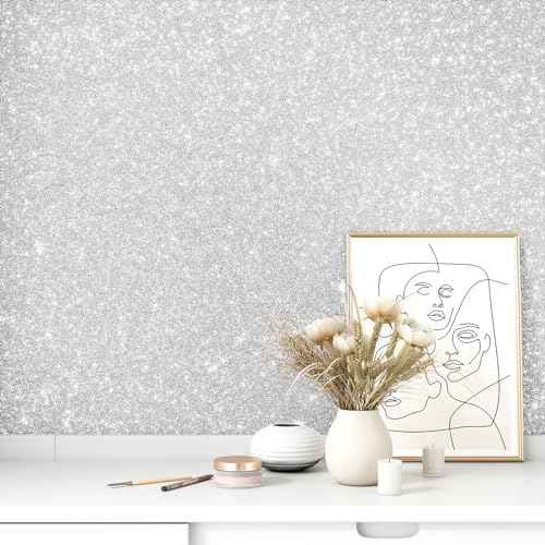 WESTICK Sparkle Silver Glitter Wallpaper Stick and Peel Silver Glitter Contact Paper for Cabinets Drawers Self Adhesive Remocable Glittery Fabric Wallpaper Borders for Walls DIY Decoration 12" x 80"