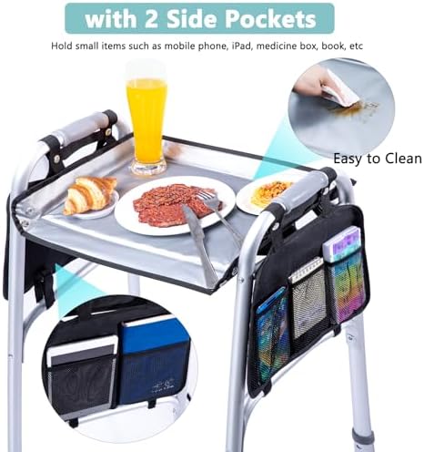 BAGSFY Walker Tray w/Side Pocket for Folding Walkers – Walker Accessory for Seniors with Cup Holder, Non-Slip Mat, and Easy Installation – Universal Fit Walker Table for Meals, Drinks, Reading