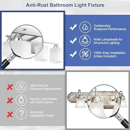 Bathroom Lighting Fixtures Over Mirror, Anti-Rust Vanity Light Fixture for Bathroom, Modern 4-Light Wall Sconce Light for Living Room, E26 Base, Milky White Glass Shades, Bulbs Not Included