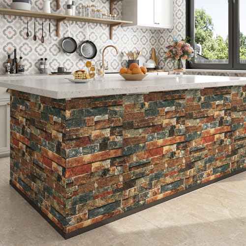 FunStick Vintage Faux Brick Wallpaper Peel and Stick 3D Textured Squares Brown Red Blue Brick Wall Paper Roll for Kitchen Bedroom Waterproof Brick Contact Paper for Walls Fireplace Removable 15.8"x80"