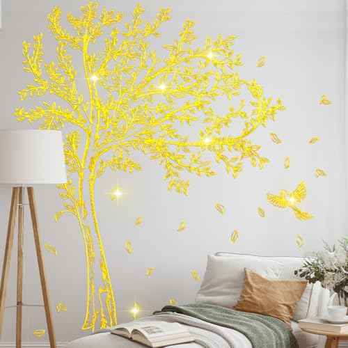 Large Tree Wall Decals Peel and Stick Gold Tree Wall Decals Murals Golden Stamping Walls Art Decal Home Decor for Living Room, TV Walls, Bedroom