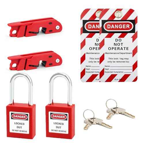 Circuit Breaker Lockout,Red Electrical Box Circuit Breaker Lockout,Tagout Breaker Box Lock for 110-240v Standard Single and Double Toggles,OSHA Compliant (2 Set with Lock)