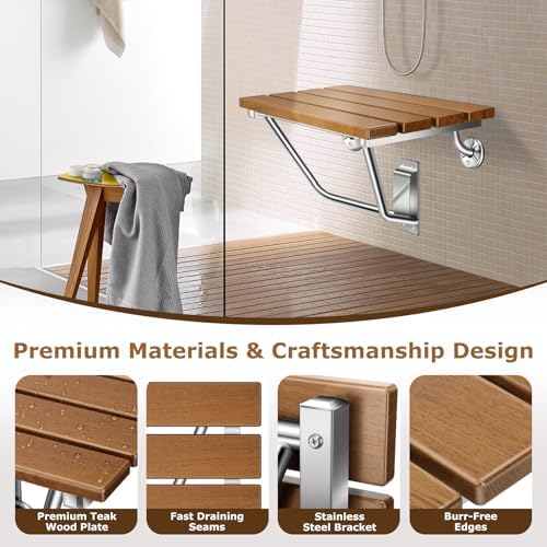 Folding Shower Seat Wall Mounted 20" with Stainless Steel Bracket, Structural Stability, 500 lb Capacity, Space-Saving, Teak Shower Bench for The Elderly, Disabled, Pregnant Individuals, Children