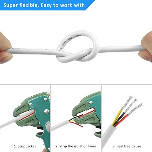 18 Gauge 3 Conductor Electrical Wire, 100FT White Stranded Low Voltage 18/3 PVC Case, 18 AWG Tinned Copper 3 Wire Extension Power for Strips LED Lamp Lighting