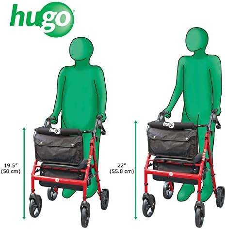 Hugo Mobility 700-961 Foldable Rollator Walker with Seat and Saddle Bag, Red