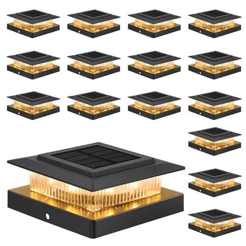 Post Cap Lights 16pack, 4x4 Deck Fence Post Solar Lights Outdoor with Warm White Lighting,Black Waterproof Solar Post Lights for Vinyl/Wood Posts to Decorate Fence, Deck,Garden, Patio