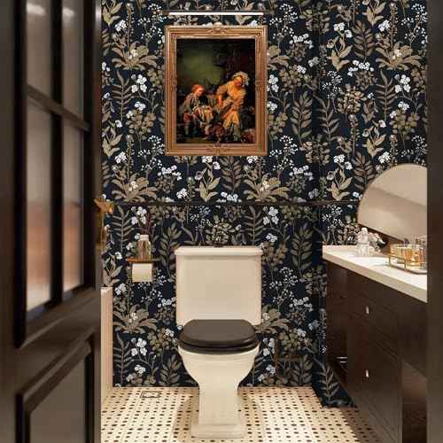 Abyssaly Vintage Floral Wallpaper Peel and Stick Boho, Black and Gold Academic Contact Paper, Self Adhesive Removable Moody Wallpaper for Wall Cabinets 17.7 in X 118 in