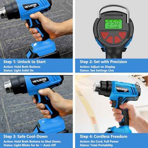 20V Cordless Heat Gun with 2 x 4.0Ah Batteries (122¢µ?1022¢µ) Fast-Heating Hot Air Gun Kit with Screen Display Variable Temperature Wind Speed, Portable Heat Gun for Shrink Tubing Vinyl Wrap