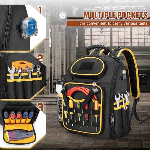 Tool Backpack with a Tool Pouch, Heavy Duty Tool Bag with Multiple Pockets, Black