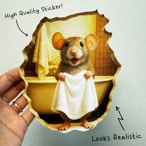 GRITKULTURE Removable Mouse Taking a Shower in Mouse Hole Decal Sticker 5.1inch 2 Pack. Mouse Hole in The Wall Sticker with 3D Effect. Wall Decoration, Funny Gift, Potty Training, Prank (#5)