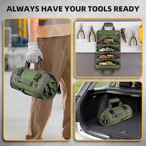 Heavy Duty Tool Roll Bag Organizer with Detachable Pouches, Gift for Men, Father's Day, For Mechanic, Electrician, Plumber, Carpenter (GREEN)