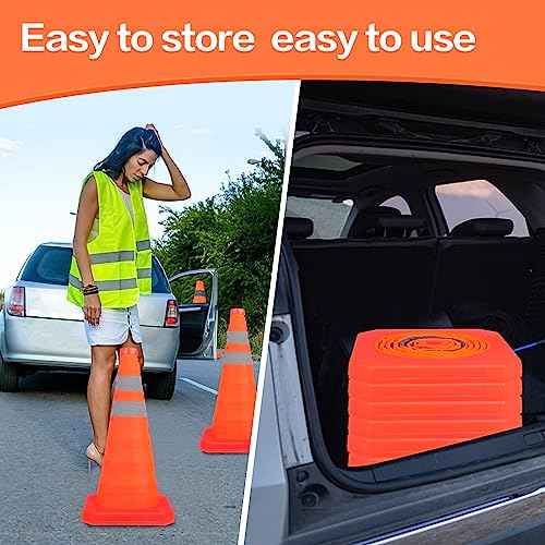 [4 Pack]28 Inch Collapsible Traffic Safety Cones - Parking Cones with Reflective Collars, Orange Safety Cones for Parking lot, Driveway, Driving Training etc