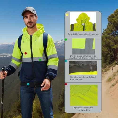 High Visibility Safety Hoodie, Reflective Workwear Sweatshirt, Neon Yellow and Black, Zip-Up