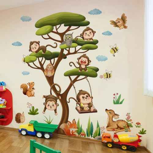 66.14 x 57.48 Inch Large Jungle Green Tree Wall Stickers Wild Monkey on The Tree Branches Wall Decals DIY Safari Sika Deer Owls Squirrels Grass Animals Decor for Kids Baby Bedroom Living Room Nursery