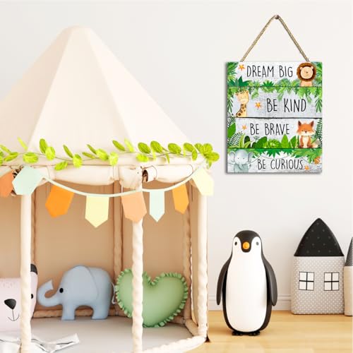 Be Kind Be Braver Jungle Theme Wood Hanging Sign,Inspirational Quotes Safari Hanging Sign for Kids Nursery Bedroom Playroom Wall Decor