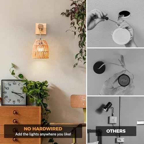 Wall Sconces Set of Two Battery Operated, Rattan Boho Wall Sconce, Rechargeable Woven Lantern Wireless Light/Lamp for Bedroom Home Decor