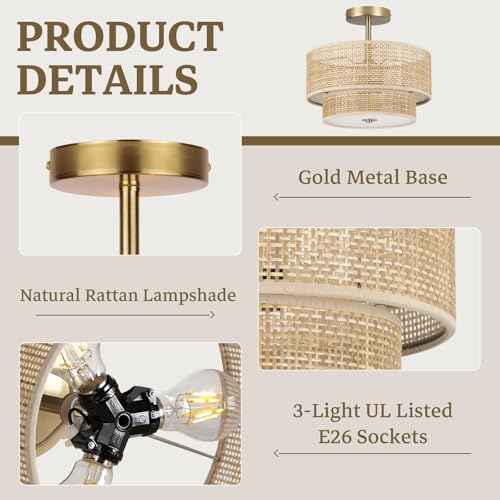 Boho Light Fixture Ceiling Mount,13'' Semi Flush Mount Ceiling Lights Fixture,3-Light Farmhouse Chandelier,Rattan Ceiling Light with 2-Tier Drum Shade,Drum Light Fixture for Bedroom Living Room