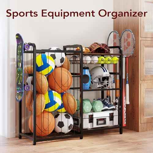 Garage Sports Equipment Organizer, Ball Storage for Gear and Toys, Large Capacity, Sports Organizer for Garage with Hooks and Baskets, for golf, Football, Soccer Ball, Bat