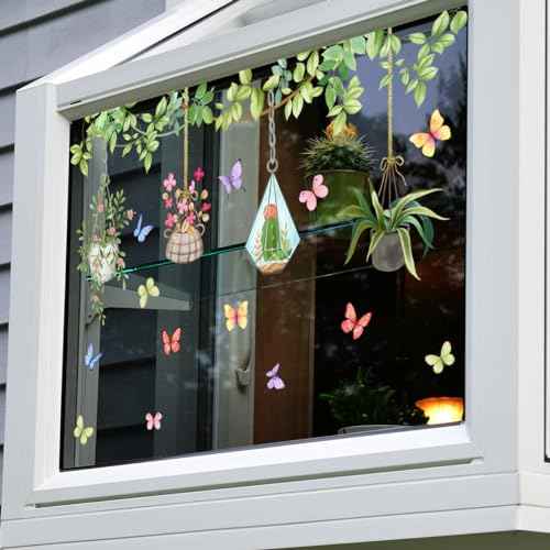 Runtoo Potted Plant Window Clings Flower Catcus Hanging Vines Glass Wall Decals Stickers Tropical Botanical Cactus Living Room Bedroom Home Decor