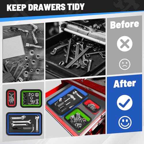 Collapsible Magnetic Parts Tray Set, 3 Different Size Tool Trays Foldable Silicone Magnetic Tool Trays for Bolts, Screws, Nuts & Other Small Metal Parts, Magnetic Square Silicone Bowls Red Blue Green