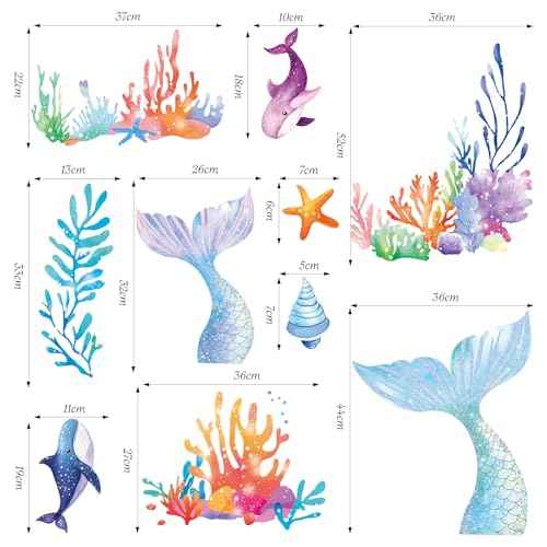 SHUCHING Mermaid Tail Wall Sticker Peel and Stick, Under The Sea Wall Decal, Wall Decor Art for Girls Bedroom Baby Nursery Bathroom