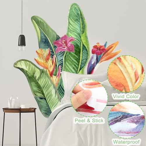 Giant Tropical Palm Leaf Wall Decals Peel and Stick - Large Tropical Green Leaves Flowers Wall Stickers Removable - Vinyl Jungle Wall Decal Decor for Living Room Bedroom Bathroom