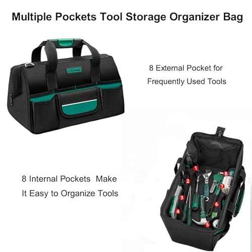 Tool Bag Heavy Duty 16.5-Inch with 16 Pockets Portable Handle Adjustable Shoulder Strap Waterproof Wide Mouth Tools Storage Organizer Carry Tote Box for Craftsman Electrician Mechanic (16.5-Inch)