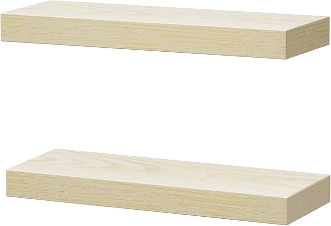 QEEIG Bathroom Floating Shelves for Wall - 15.7" Wall Mounted Shelf Over Toilet Farmhouse Home Decor Display Bookshelf Small 15.7 x 6.7 inch Set of 2, Natural (008-40N)