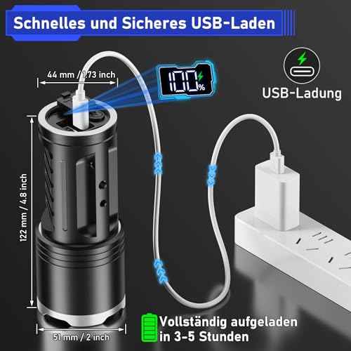 JAY-PARK LED Flashlights High Lumens - 10000 LM, Built-in 10800mAh Rechargeable Battery and LCD Power Display, 5 Lighting Modes, Zoomable, for Home, Emergency