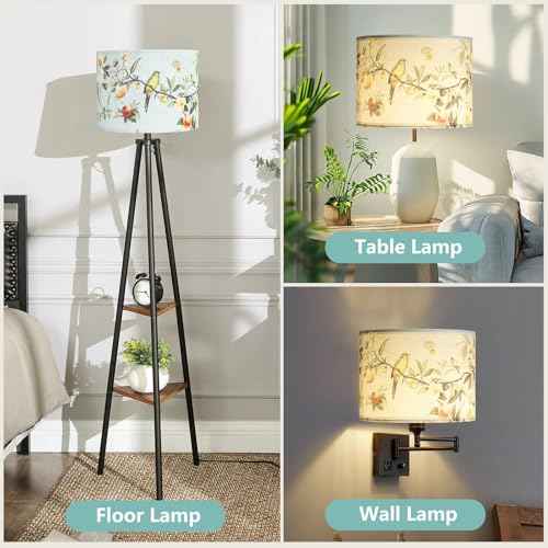 Drum Lamp Shades Set of 2, 13x13x10in Fabric Lamp Shade, Lampshade with Floral and Bird Print, Lamp Shades for Table Lamps, Support Spider and E26 Base