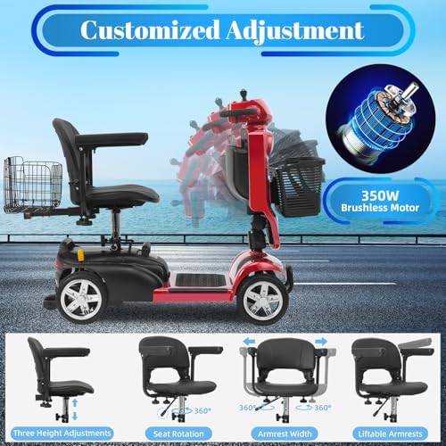 New Upgraded 15/30 Miles MS02Pro 4 Wheels Mobility Scooter for Adults/Seniors, 350W Powered Electric Wheelchair Device w/25Ah Remvable Battery, Dual Baskets, Wind Deflector
