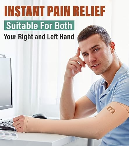 MGANG Lymphedema Compression Arm Sleeve with Gauntlet for Women Men, Opaque, 20-30 mmHg Medical Graduated Compression Full Arm Support, Thumb Lymph Edema Arm Sleeve, Pain Relief, Arthritis, Beige M